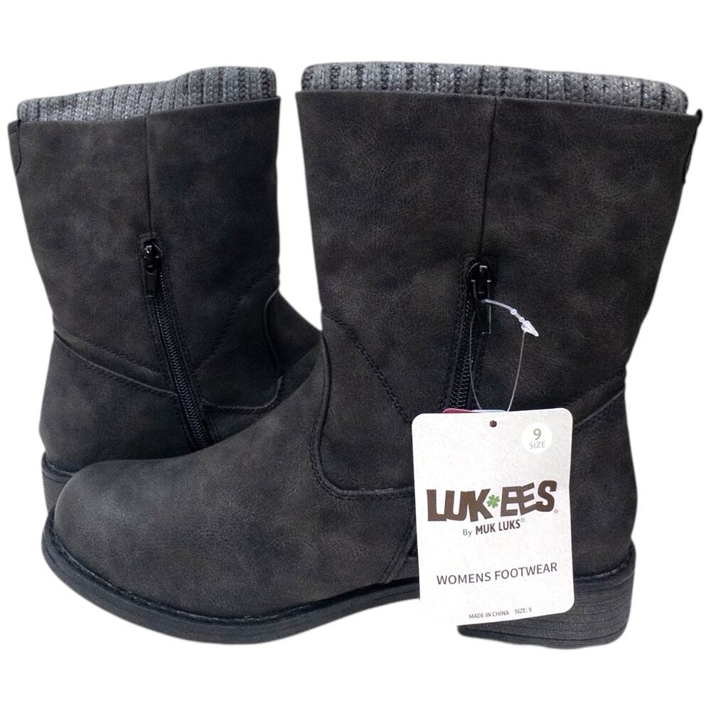 MUK LUKS Crumpet Boots Knit Collar Stud Detail Women's size 9 Winter Gray